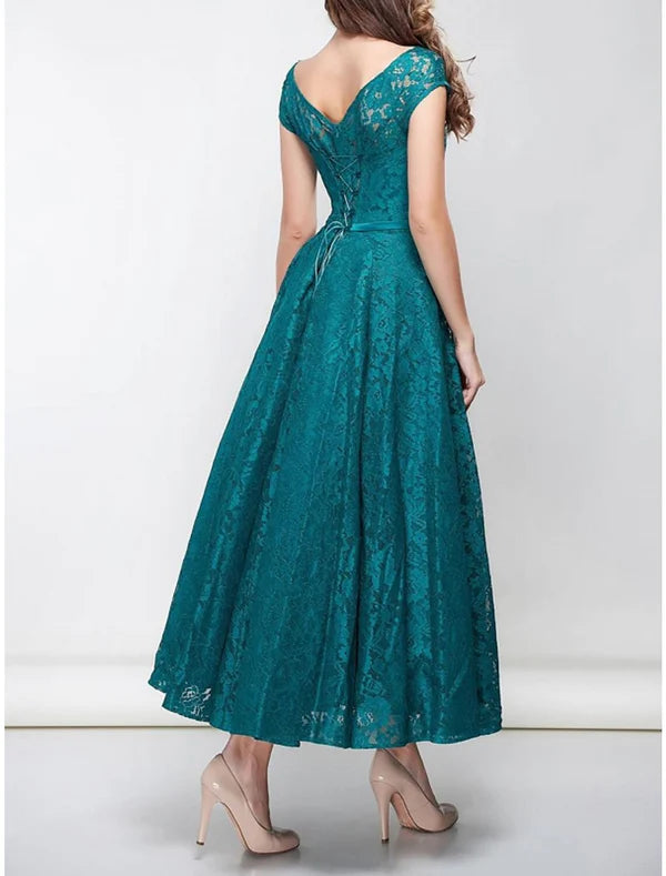 Luolandi A-Line Cocktail Party Dress Elegant Dress Formal Ankle Length Short Sleeve Scoop Neck Fall Wedding Reception Satin with Bow(s) Mother of the Bride Dress